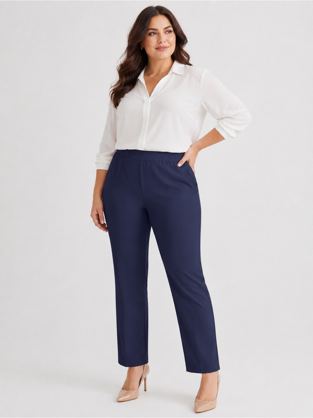 Ming Wang Pull On Pants Women Periwinkle Blue Straight Leg Back Slit Sz L NWT